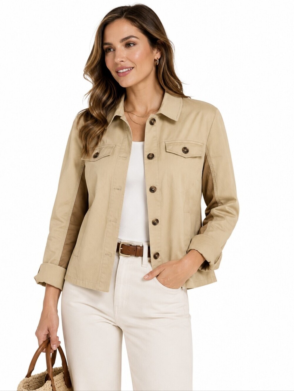 Cabi Mason Jacket 4301 Size S Tan Contrast Utility Cotton Nylon